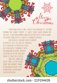 Christmas background. Hand-drawn round ornaments of gifts. There is place for your text. 