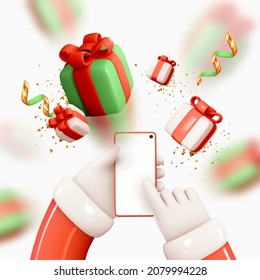 Christmas background. Hands Santa Claus's hold mobile phone, smartphone and click on screen. Realistic 3d gifts boxes blur fall effect. Smartphone mock up with Christmas design. Vector illustration