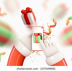 Christmas background. Hands Santa Claus's hold mobile phone, smartphone and click on screen. Realistic 3d gifts boxes blur fall effect. Smartphone mock up with Christmas design. Vector illustration