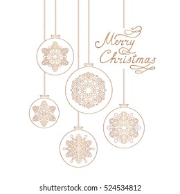 Christmas background with Handwritten Lettering MERRY CHRISTMAS. Happy Winter Holiday Wallpaper. Greeting card design with Snowflake Ball Decoration