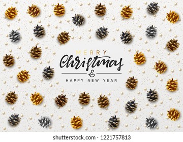 Christmas background. Handwritten text Merry Christmas and Happy New Year. Xmas greeting card, banner, web poster. Festive vector illustration. Design pine cones, round beads, golden glitter color.