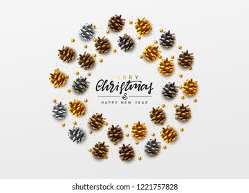 Christmas background. Handwritten text Merry Christmas and Happy New Year. Xmas greeting card, banner, web poster. Festive vector illustration. Design pine cones, round beads, golden glitter color.