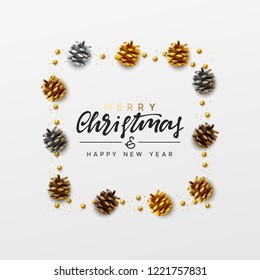 Christmas background. Handwritten text Merry Christmas and Happy New Year. Xmas greeting card, banner, web poster. Festive vector illustration. Design pine cones, round beads, golden glitter color. Christmas background. Handwritten text Merry Christmas and Happy New Year. Xmas greeting card, banner, web poster. Festive vector illustration. Design pine cones, round beads, golden glitter color.