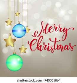 Christmas background with  handwritten text "Merry Christmas". Vector illustration for posters, icons, greeting cards, print and web projects.