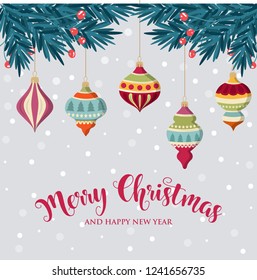 Christmas background with hanging balls. Flat design. Christmas card.