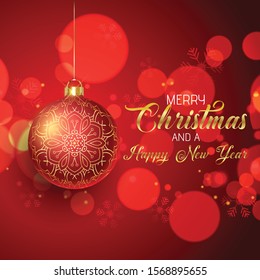 Christmas background with hanging bauble and bokeh lights design