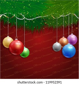 Christmas background with hanging baubles and fir tree branches
