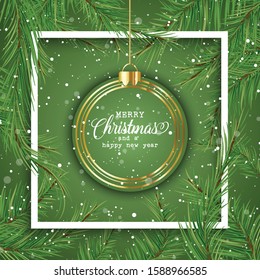 Christmas background with hanging baubles in pine tree branches