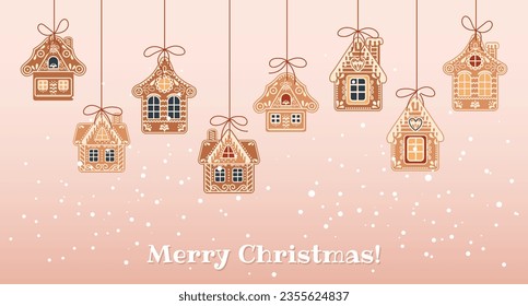 Christmas background with hanging cute gingerbread houses in the snow, greeting card template. Illustration in flat style. Vector