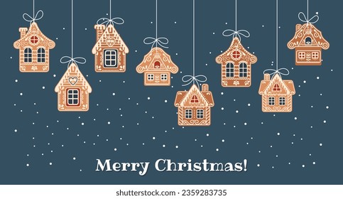 Christmas background with hanging cute gingerbread houses in the snow, greeting card template. Illustration in flat style. Vector