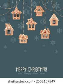 Christmas background with hanging cute gingerbread houses in the snow, greeting card template. Illustration in flat style. Vector