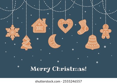 Christmas background with hanging cute gingerbread cookies in snowflakes, greeting card template. Flat style illustration.