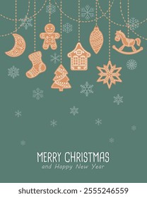 Christmas background with hanging cute gingerbread cookies in snowflakes, greeting card template. Flat style illustration.