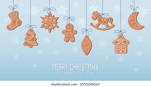 Christmas background with hanging cute gingerbread cookies in snowflakes, greeting card template. Flat style illustration.