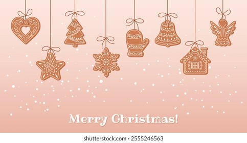 Christmas background with hanging cute gingerbread cookies in snowflakes, greeting card template. Flat style illustration.