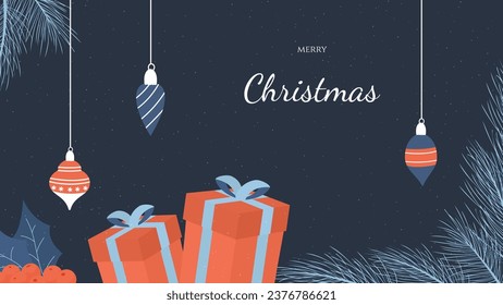 fondo navideño con decoraciones colgantes, cajas de regalo rojas y ramas de pino