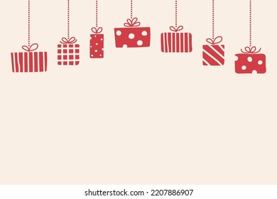 Christmas background with hanging gift boxes and copyspace. Vector