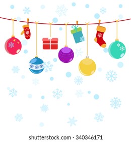 Christmas background with hanging gift boxes, socks and Xmas balls on white