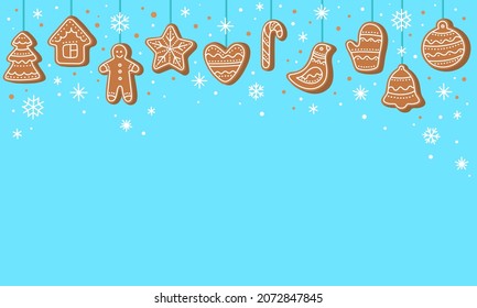 Christmas background. Hanging gingerbread man, tree, house, candy cane, bird, star, bell, heart cookies isolated on blue color with snowflakes. Festive background with Christmas gingerbread. Vector.