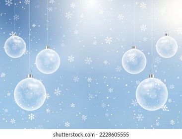 Christmas background with hanging glass baubles on snowflakes