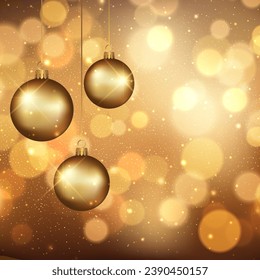 Christmas background with hanging gold baubles on a bokeh lights design