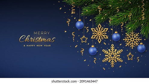 Christmas background with hanging golden snowflakes and blue balls, gold metallic stars, confetti, pine branches. Merry christmas greeting card. Holiday Xmas and New Year poster, cover, banner. Vector