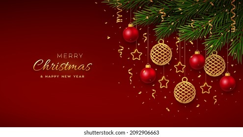 Christmas background with hanging golden snowflakes and red balls, gold metallic stars, confetti, pine branches. Merry christmas greeting card. Holiday Xmas and New Year poster, cover, banner. Vector