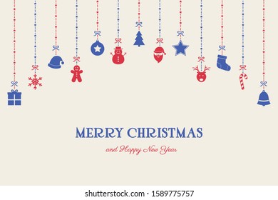 Christmas background with hanging icons and greetings. Festive decoration. Vector