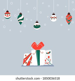 Christmas background with hanging Christmas ornaments. Vector Illustration.