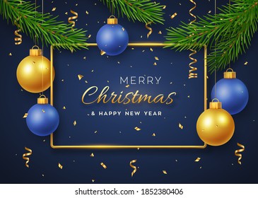 Christmas background with hanging shining golden and blue balls, gold metallic frame, and pine branches. Merry christmas greeting card. Holiday Xmas and New Year poster, cover, banner. Vector.
