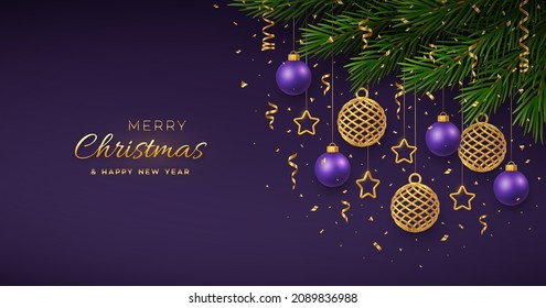 Christmas background with hanging shining golden and purple balls, gold metallic stars, confetti, pine branches. Merry christmas greeting card. Holiday Xmas and New Year poster, cover, banner. Vector.