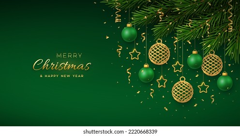 Christmas background with hanging shining golden and green balls, gold metallic stars, confetti, pine branches. Merry christmas greeting card. Holiday Xmas and New Year poster, cover, banner. Vector.