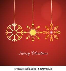 Christmas background with hanging snowflakes on red background of small snowflakes