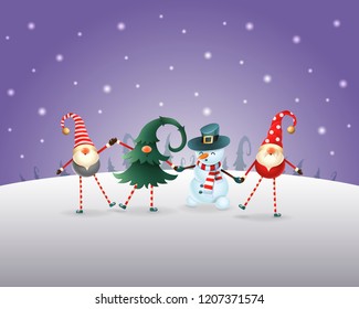 Christmas background. Happy friends three Gnomes and Snowman celebrate Christmas and New Year. Purple winter landscape