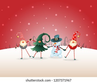 Christmas background. Happy friends three Gnomes and Snowman celebrate Christmas and New Year on red winter landscape