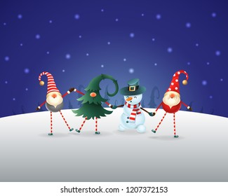 Christmas background. Happy friends three Gnomes and Snowman celebrate Christmas and New Year. Blue night winter landscape