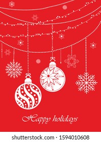 Christmas background with happy holidays inscription with garland snowflake balls on red background. Holiday design for your greeting cards banners posters flyers in flat style. Vector illustration.