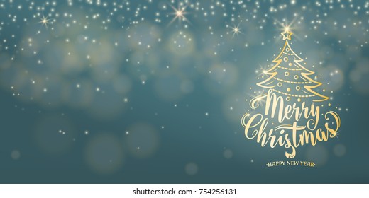 Christmas Background. Happy new year holiday type text. Xmas lights, star, tree with garland string decoration. Grey backdrop with shine fog, gold bokeh. Vector illustration