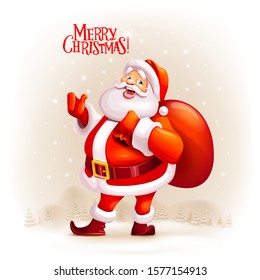 Christmas background with happy Santa Claus. Holiday greeting card. Vector illustration. For Christmas cards, banners, tags and labels.