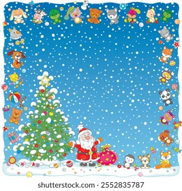 Christmas background with happy Santa Claus waving in greeting near a decorated green fir surrounded by funny colorful toys, sweets and flying snowflakes, vector cartoon illustration