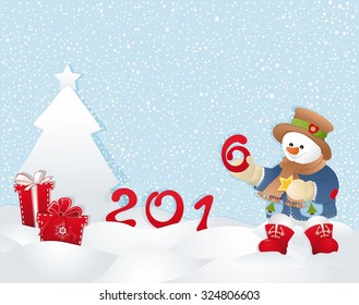 Christmas background with Happy Snowman. Gifts, tree and snow.