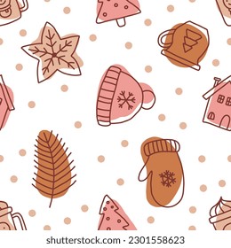 Christmas background with hat, mitten and house. 