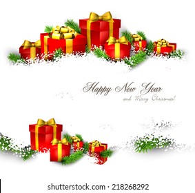 Christmas background with heap of fir branches and realistic gift boxes. Vector illustration. 