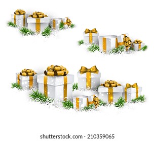 Christmas background with heaps of fir branches and realistic gift boxes. Vector illustration. 