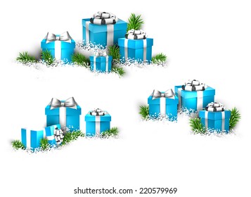 Christmas background with heaps of fir branches and realistic gift boxes. Vector illustration. 