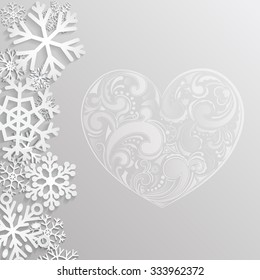 Christmas background with hearts and snowflakes in gray colors