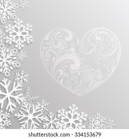 Christmas background with hearts and snowflakes in gray colors
