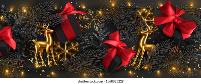 Christmas background. Holiday Border line of Christmas elements, pine branches, with bright luminous garlands, golden deer, black gift boxes red bow, glitter gold confetti, 3d snowflakes. Xmas design