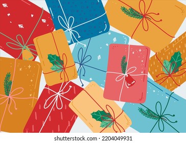 Christmas background with holiday boxes. Holiday banner design. Christmas gift box. Christmas sale. Bright vector pattern.