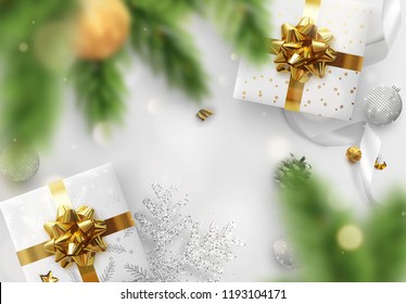 Christmas background. Holiday design with Xmas decoration and realistic objects. Happy new year greeting card, banner, web poster. Vector illustration